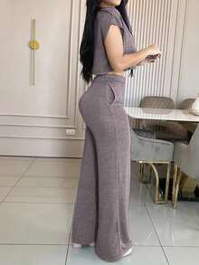Women's Casual Elegant Solid Color Pocket 2 Pieces Set, Spring/Summer - Dusty Purple - View 2