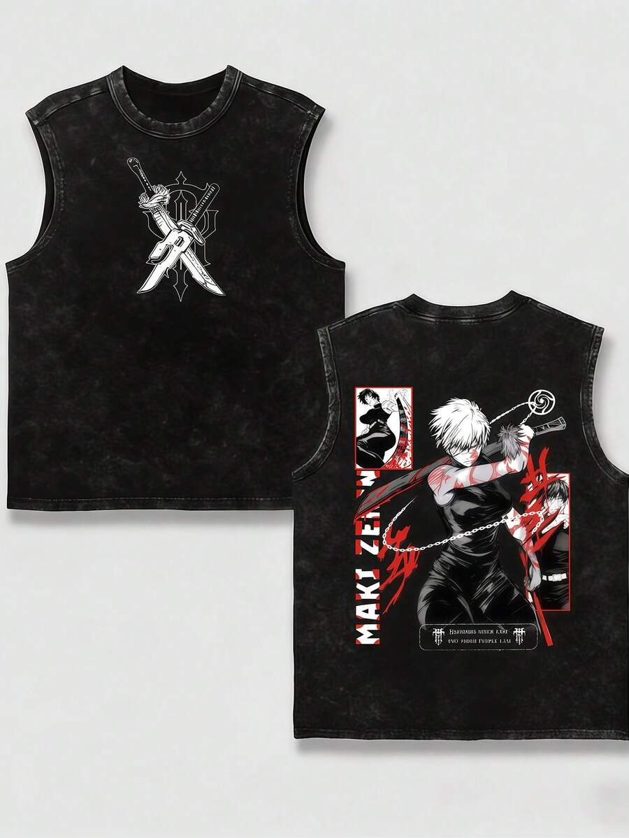 Men's Washed T-Shirt - Anime Y2K Print, INS American Retro Style, Unique, And Loose Fit Maki Zenin Sword Chain Action Pose Graphic Graphic Tees Graphic T Shirts - 黑色 - 查看 1