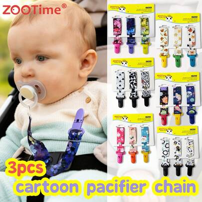 ZooTime 3个装婴儿印花奶嘴夹，可爱奶嘴挂件，塑料夹，适合日常使用，婴儿磨牙玩具挂绳防丢夹，奶嘴链夹，适用于各种玩具。款式多样，包括机器人、动物、数字等。