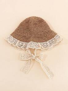 1 chiếc mũ chống nắng thoáng khí có nơ viền ren cho trẻ em, mũ chống tia UV khi đi biển ngoài trời. - Kaki-Ren - Xem 4