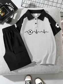 2pcs/Set Boys' Fashion Football Graphic Polo Shirt And Shorts Set, Suitable For Daily Wear And Sports Casual - Multicolor - View 2