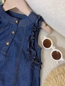 女童无袖牛仔连衣裙，带荷叶边装饰 - 藏蓝色 - 查看 8