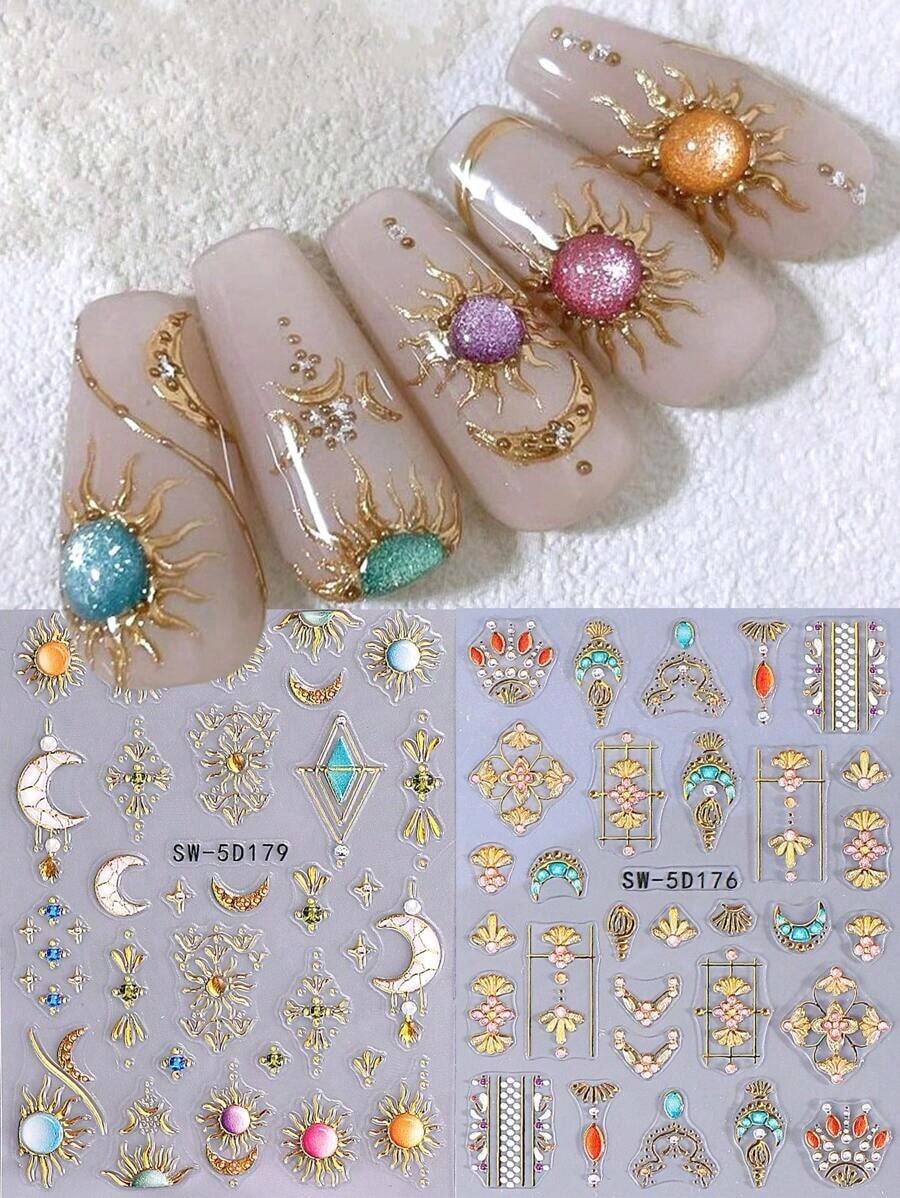 5D Metal Bohemian Style Embossed Nail Stickers, 2pcs/Set, Rainbow, Golden Sun, Gemstone, Lace, Enamel Necklace, Moon Design, DIY Holographic Carving Self-Adhesive Gel Nail Polish Stickers, Nail Salon Decorations - 多色 2 - 查看 1