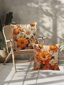 1/2/4 piezas Fundas de cojín con estampado floral y de hojas en 2D, suaves y mullidas con cierre de cremallera, adecuadas para la decoración otoñal del hogar y el dormitorio (No incluye relleno) - Naranja - Ver 7