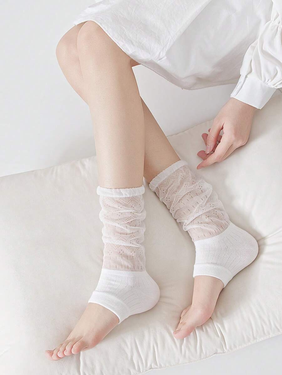 1 đôi tất giữ ấm chân nữ bằng lưới thoáng khí, chất liệu cotton pha, mỏng nhẹ, dài đến giữa bắp chân, thích hợp cho mùa xuân/hè. - trắng - Xem 1
