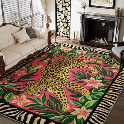 2D Flat Luxury Jungle Rug Suitable For Home & Office - Non-Slip Plastic Backing With Leopard Print, Tropical Floral Patterns & Red/Green Color Scheme,  Rectangular Suitable For Bedroom,, Modern Decor