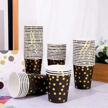 10/20pcs Black & Gold Theme Party Paper Cups, Gold Polka Dot Pattern Party Paper Cups, Suitable For Birthday Party, Family Gathering, Class Reunion, Outdoor Picnic - View 2