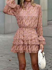 Gaun Lengan 3/4 Berbentuk A-Line Pendek Elegan Berbahan Chiffon Ringan dengan Motif Bunga Ditsy, Gaya Retro Halus, Desain Hem Bergelombang Berlapis, Pakaian Liburan Boho - Baby Pink - View 7