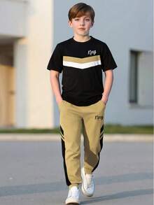 男孩春夏短袖上衣與長褲兩件套，輕量條紋字母印花，適合4-12歲男孩，日常穿著與戶外活動 - 黃色 - 查看 1