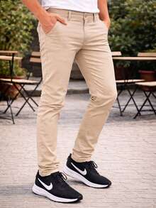 Men's Tailored Twill Trousers With Cotton And Elastane, Assorted Colors - Beige - View 15