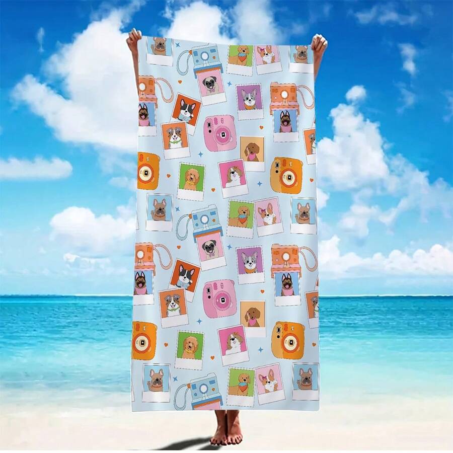 1 chiếc khăn tắm biển cỡ lớn bằng sợi microfiber, nhanh khô, họa tiết chó hoạt hình và máy ảnh, thấm hút tốt, chống cát, thích hợp cho bãi biển/du lịch/bơi lội/yoga, quà tặng thiết yếu cho kỳ nghỉ biển (in một mặt)