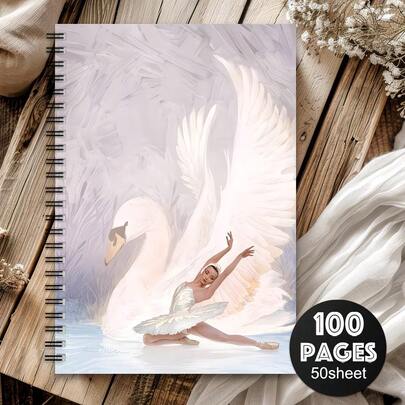 1pc Spiral Notebook/Diary With Dancing Spirit, Featuring Dynamic Ballet Dancer And Swan Elements, Vibrant Colors, Ideal Gift For Dance Enthusiasts