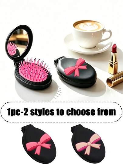 迷你梳子，带镜子，火龙果色，蝴蝶结图案，便携旅行折叠梳，女士口袋梳，折叠气囊梳，二合一按摩梳。坚固的塑料外壳，不易磨损或损坏，经久耐用；方便携带，多功能设计，有效梳理头发并按摩头皮。适用于各种发型。可作为母亲节、派对、周年纪念日、返校季、毕业季的礼物。
