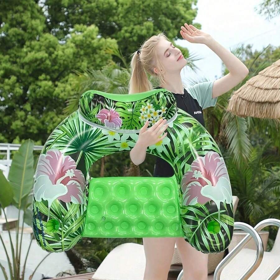 1pc Maple Leaf Pattern Inflatable U-Shaped Floating Chair, Simple Water Recreation Buoy, Maple Leaf PVC Inflatable Buoy, Water Floating Chair, Foldable Maple Leaf U-Shaped Floating Bed, Water Leisure Chair, Pool Party, Beach Entertainment, Summer Essential - Upgraded Version - View 1