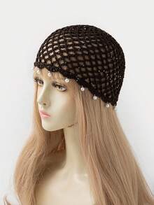 1pc Women's Fashion Lightweight Hollow Pearl Pendant Beaded Knit Hat, Suitable For Boho Beach Outings And Daily Wear - A - View 4