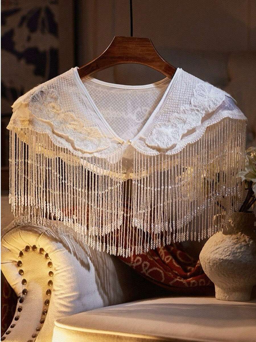 新娘礼服肩饰，手工水晶流苏双层蕾丝披肩，婚纱外套，新娘白色云朵肩部水晶吊坠披肩