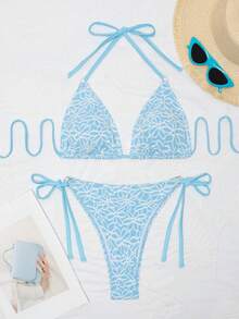Bộ bikini cạp cao buộc dây bên hông, họa tiết hoa xanh trắng. - Màu xanh nhạt - Xem 8