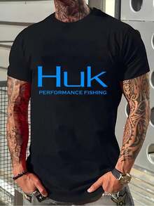 % Cotton Men's Huk Performance Fishing-Shirt-Black Cotton Leisure Streetwear With Bold Blue Print, Short Sleeve Crew Neck-Shirt Casual Wear, Outdoor Wear |   Tattoo Style Shirt |   Washablesummer Tops - Black - View 6