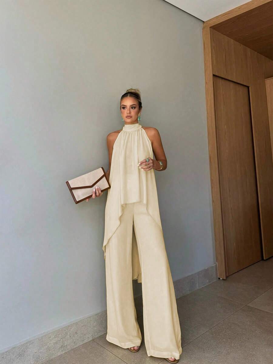 Women's 2-Piece Set, Elegant Solid Color Front Short Back Long Twist Halter Neck Top And Long Pants, Suitable For Party, Vacation, Street, And Dating In Spring/Summer - Apricot - View 1