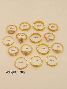 15pcs Gemstone & Rhinestone Decor Ring - 金色 - 查看 4