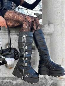 Women Wedge Punk Mid Calf Boots Ladies Shoes Platform Knee High Goth Boots With Chain Zipper Buckle Decor Chunky Heel Combat Boots ALL Season Outdoor Footwear - 黑色 - 查看 8