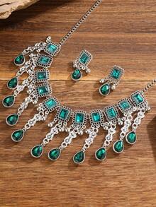 Exotic Luxury Water Drop Tassel Crystal Necklace, Vintage Bohemian Jewelry Set - Water Droplet Tassel - View 9