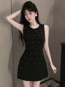 Solid Rhinestone Detail Tank Dress Casual Vacation Black Summer Elegant - Black - View 1