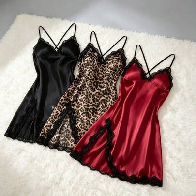 3-Piece Set Of Sexy Lace Satin Suspender Nightgown, Leopard Print V-Neck Cross-Back Loungewear, Ice Silk Pajamas For Women