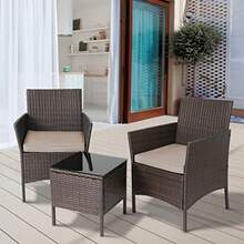 3-Piece Outdoor Wicker Conversation Bistro Set Outdoor Patio Porch Furniture Sets For Yard Garden With 2 PE Rattan Wicker Chairs 2 Cushions 1 Coffee Table - 棕色和卡其色 - 查看 4
