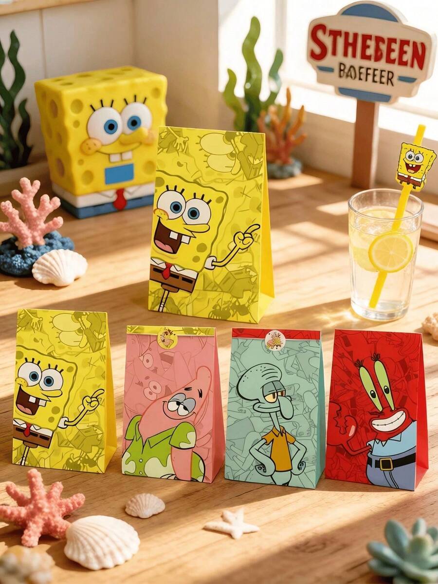 SpongeBob SquarePants 一套 12 个主题派对礼品袋，附赠 12 个圆形封口贴纸，可收藏的牛皮纸礼品袋 - 可爱有趣的纸质礼品袋，印有派大星、章鱼哥、蟹老板、珊迪、小蜗等卡通人物。 - A - 查看 1
