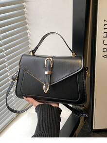 Bolso de mano pequeño de unicolor y de moda con solapa y correa ajustable - Negro - Ver 6