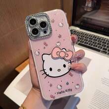 SANRIO 镶钻边框大头猫咪领结手机壳，兼容 16 Pro Max、17/11/12/14/16、15 Plus，全包防震保护套 - 粉色 - 查看 1
