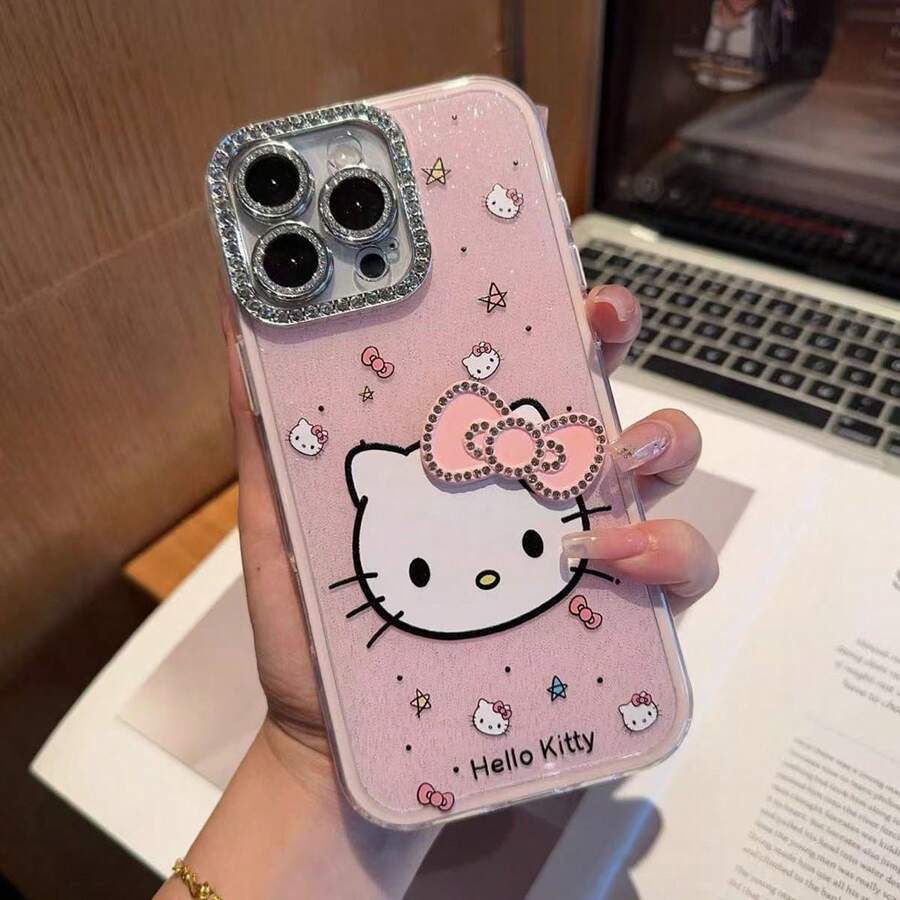 SANRIO 镶钻边框大头猫咪领结手机壳,兼容 16 Pro Max、17/11/12/14/16、15 Plus,全包防震保护套 - 粉色 - 查看 1