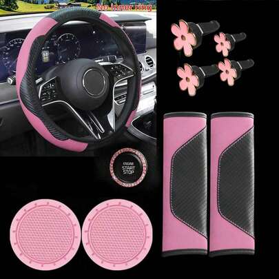 10 piezas Conjunto de accesorios para el interior del automóvil - Funda para volante - Almohadillas para el hombro del cinturón de - Clip de flor de margarita para la rejilla de ventilación - Posavasos para portavasos - Anillo decorativo para botón de arranque - Diseño de moda - Se adapta a todos los modelos de automóviles
