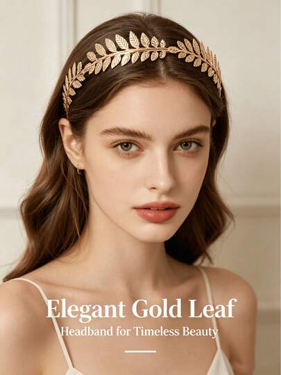 1条新款夏季女士金属叶子发箍，奢华玫瑰3D花朵时尚发箍，适合上学、街头、购物、洗脸、约会、婚礼、自然风格等场合，珍珠花朵细发箍