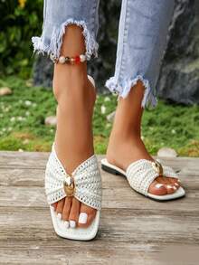 New Summer French Style Square Toe Slides For Women, Fashionable Fairy Style Flat Sandals, Versatile Outdoor Wear Slippers, Lightweight Comfortable Open Toe Slip-On Slides Perfect For Beach - Multiple Styles - View 8