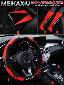 MEIKAXIU 3PCS/4PCS/5PCS/6PCS Carbon Fiber PU Leather SPORT Car Steering Wheel Cover Without Inner Ring, Suitable For 14.5-15 Inch, Shoulder Cover, Armrest Pad, Gear Shift Cover, Handbrake Cover, Car Decoration Accessories Set For Women - Carbon Fiber Sport - View 1