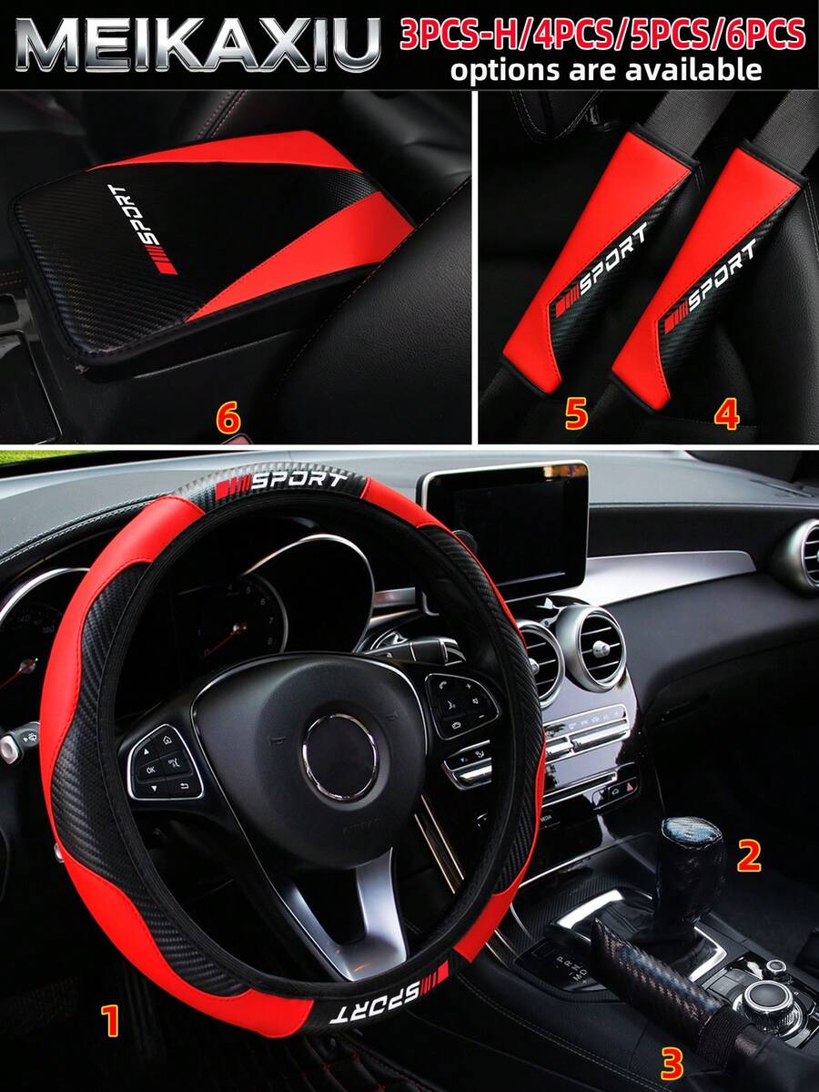 MEIKAXIU 3PCS/4PCS/5PCS/6PCS Carbon Fiber PU Leather SPORT Car Steering Wheel Cover Without Inner Ring, Suitable For 14.5-15 Inch, Shoulder Cover, Armrest Pad, Gear Shift Cover, Handbrake Cover, Car Decoration Accessories Set For Women - Carbon Fiber Sport - View 1