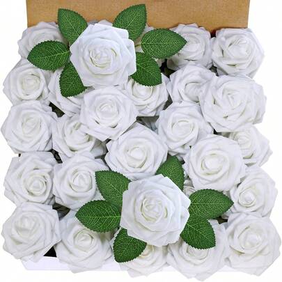 10/30/50/100 Pcs Artificial Flowers, Ivory Foam Fake Roses With Stem For DIY Wedding Bouquets, White Bridal Shower Centerpieces, Party Table Decor, Valentine's Day And Mother's Day (No Gift Box)
