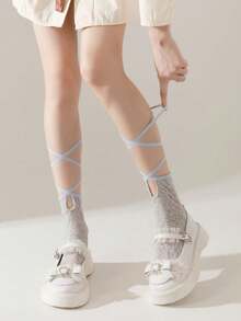 1 đôi tất ren mỏng màu đen/trắng/xám kiểu mới mùa xuân/hè, có quai chéo. - Nhiều màu - Xem 7