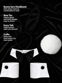 4件套兔耳朵头箍，女士兔女郎服装套装，带绒球尾巴、领结，性感兔女郎套装，兔耳朵头箍，角色扮演服装，兔女郎角色扮演道具 - 彩色 - 查看 4