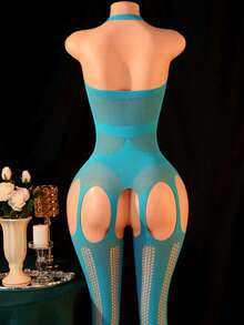 1pc Women's Sexy Lingerie Fishnet Bodystocking,Halter Sleeveless Deep V Crotchless Bodysuit,Hollow See-Throug,Hot Girl Outfit,Bikini Cover-Up,Sexy Party Role Play Costume Valentine's Day - Baby Blue - View 2