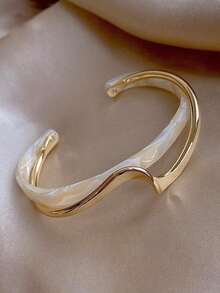 Gold Tone White Marble Pattern Layered Cuff Bracelet, Minimalist Wave Design Open Bangle, Fashion Statement Jewelry For Women Daily Wear - 藏蓝色 - 查看 8