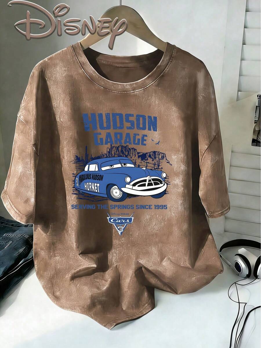Disney Cars Hudson Hornet Garage Vintage Washed Brown Oversized Cotton T-Shirt, Extra Large Baggy Fit Tee For Kids & Adults, Cars Fan Top - 咖啡棕 - 查看 1