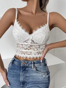 Lace Trim Cropped Camisole - White - View 3