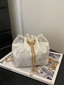 时尚抽绳印花水桶斜挎包，百搭链条单肩包，女士 - 白色 - 查看 7