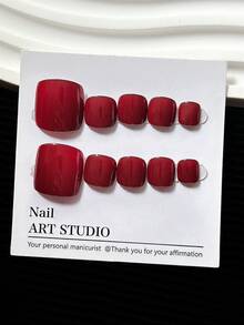 10 piezas/paquete Pegatinas de uñas de unicolor minimalista rojo, natural, elegante, versátil, de moda, adecuadas para bodas, fiestas, exteriores, playa, diario, festivales, reuniones, trabajo y ocasiones especiales - Rojo - Ver 4