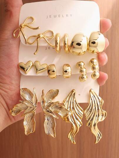 16/6/4件套时尚耳环套装，夸张超大蝴蝶结，五瓣花，优雅长款耳环，多款耳环组合，适合女性日常及节日佩戴，采用ABS树脂材质，UV镀层不褪色金色