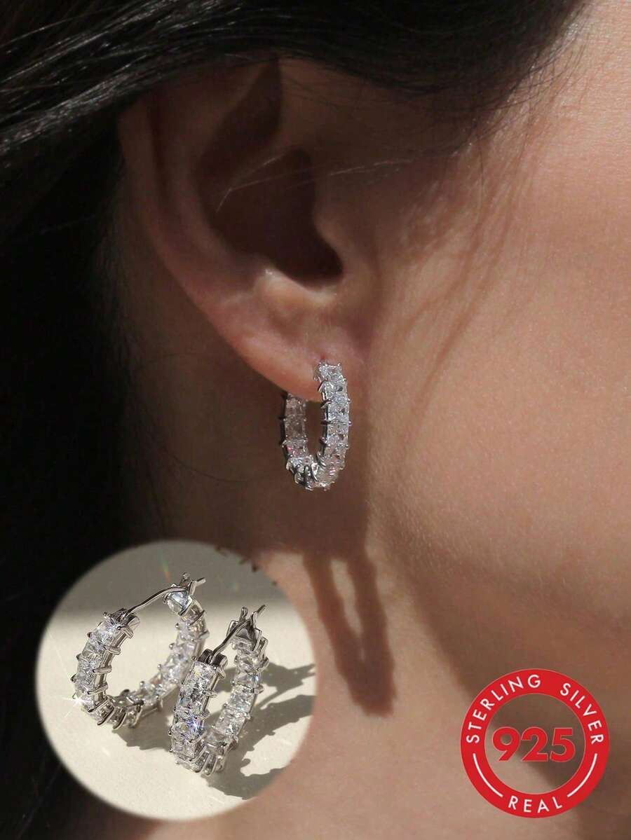 Winglove 1 Pair Exquisite 925 Sterling Silver Cubic Zirconia Earrings, Luxury Jewelry Gift For Women - Square Earrings - View 1