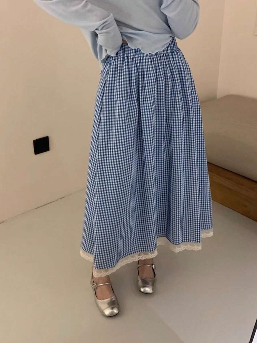 LuminousWealth 女士新款温柔蕾丝拼接格纹中长裙，韩版校园风高腰蓝色A字长裙 - 彩色 - 查看 1